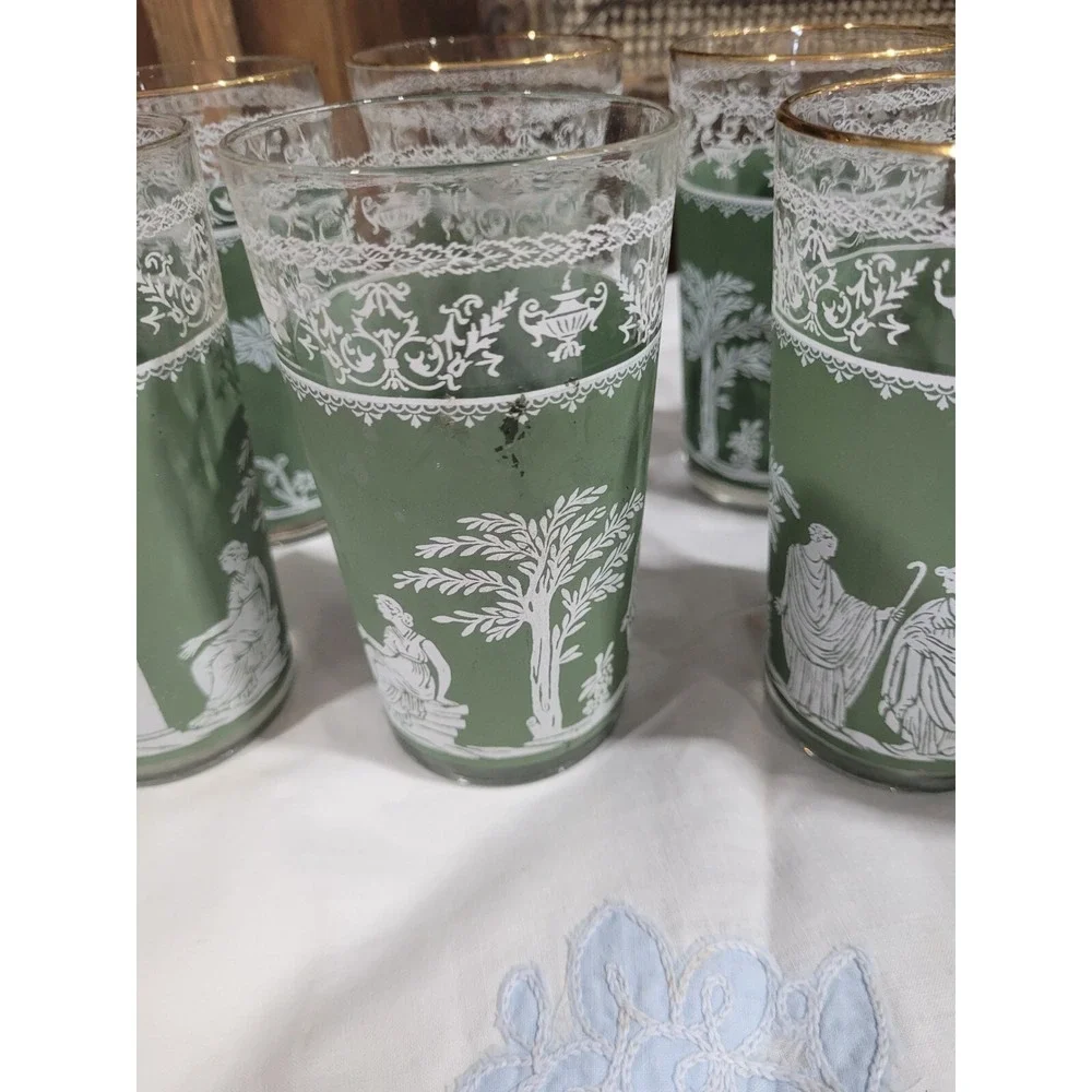Vtg Wedgwood Jasperware Hellenic Jeanette Green Grecian Tumbler 12 Ou Set Of 8